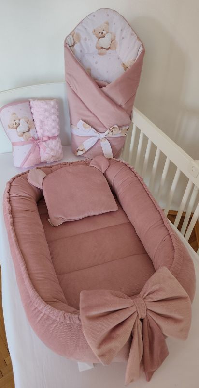 Duetbaby hniezdo - kokon velvet ružový s mašľou